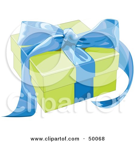 Royalty-Free (RF) Clipart Illustration of a Green Gift Box Sealed With A Blue Ribbon by Pushkin