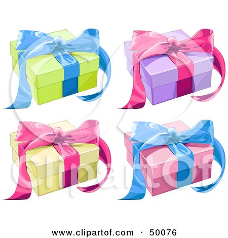 Royalty-Free (RF) Clipart Illustration of a Digital Collage Of Colorful Gift Boxes Sealed With Pink And Blue Ribbons by Pushkin