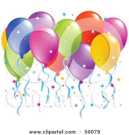 Royalty-Free (RF) Clipart Illustration of a Colorful Group Of Balloons Floating With Confetti by Pushkin