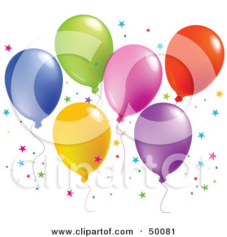 Royalty-Free (RF) Clipart Illustration of a Colorful Group Of Balloons Floating With Star Shaped Confetti by Pushkin