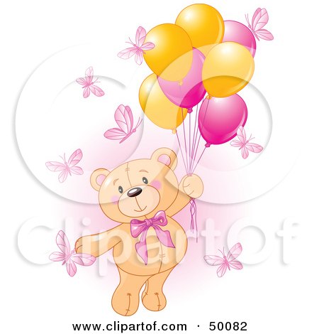 Royalty-Free (RF) Clipart Illustration of a Girl Teddy Bear Floating Away With Butterflies And Balloons by Pushkin