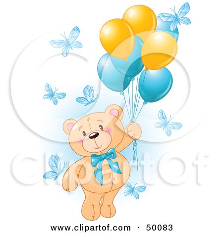Royalty-Free (RF) Clipart Illustration of a Boy Teddy Bear Floating Away With Butterflies And Balloons by Pushkin