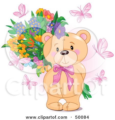 Royalty-Free (RF) Clipart Illustration of Pink Butterflies Surrounding A Sweet Teddy Bear Holding A Floral Bouquet Behind Its Back by Pushkin