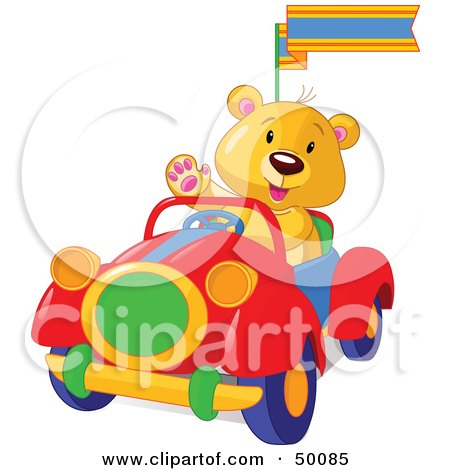 Royalty-Free (RF) Clipart Illustration of a Teddy Bear Waving And Driving A Convertible Car by Pushkin