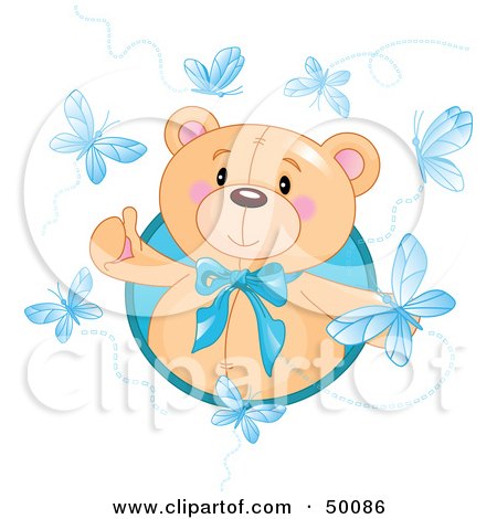Royalty-Free (RF) Clipart Illustration of a Happy Bear Surrounded By Blue Butterflies by Pushkin