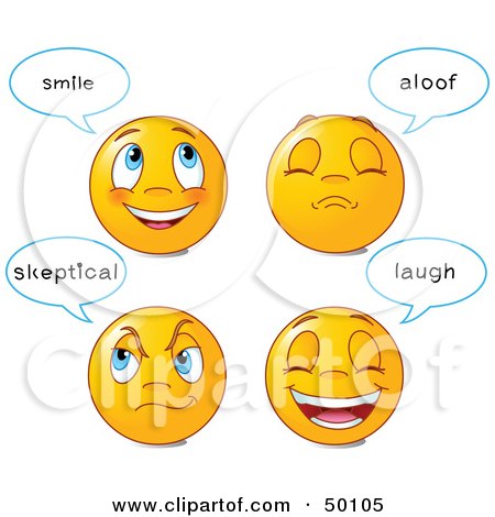 Royalty-Free (RF) Clipart Illustration of a Digital Collage Of Four Happy And Grumpy Emoticon Faces With Statements by Pushkin