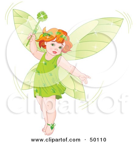 Royalty-Free (RF) Clipart Illustration of a Red Haired Baby Fairy In Green, Holding A Magic Wand by Pushkin