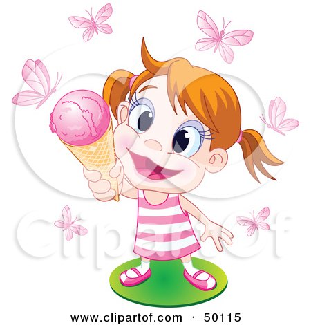 Royalty-Free (RF) Clipart Illustration of a Happy Little Girl Holding Up An Ice Cream Cone To Pink Butterflies by Pushkin