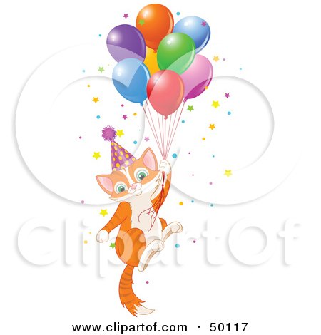 Royalty-Free (RF) Clipart Illustration of an Orange Birthday Kitten Floating Away With Balloons And Confetti by Pushkin
