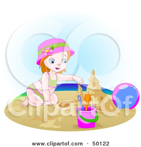 Royalty-Free (RF) Clipart Illustration of a Small Girl Building A Sand Castle On A Beach by Pushkin