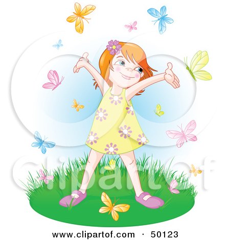 Royalty-Free (RF) Clipart Illustration of a Carefree Little Girl Holding Her Arms Up While Being Circled By Butterflies by Pushkin