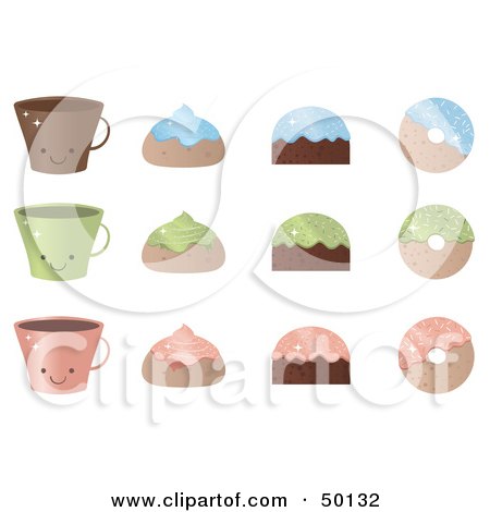 Royalty-Free (RF) Clipart Illustration of a Digital Collage Of Blue, Green And Pink Coffee Cups, Pastries And Donuts by Melisende Vector