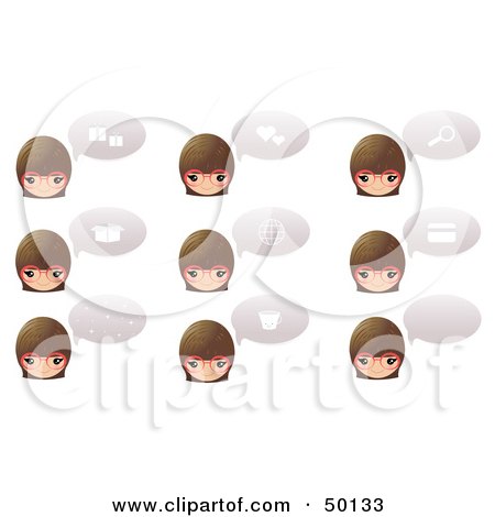 Royalty-Free (RF) Clipart Illustration of a Digital Collage Of Female Head Icons With Chat Balloons And Symbols by Melisende Vector