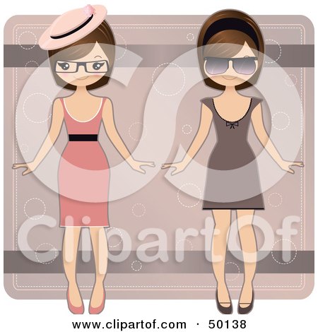 Royalty-Free (RF) Clipart Illustration of Two Paper Doll Women In Dresses, Hats, And Glasses by Melisende Vector