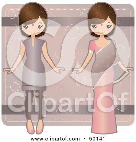 Royalty-Free (RF) Clipart Illustration of Two Indian Paper Dolls in Dresses by Melisende Vector