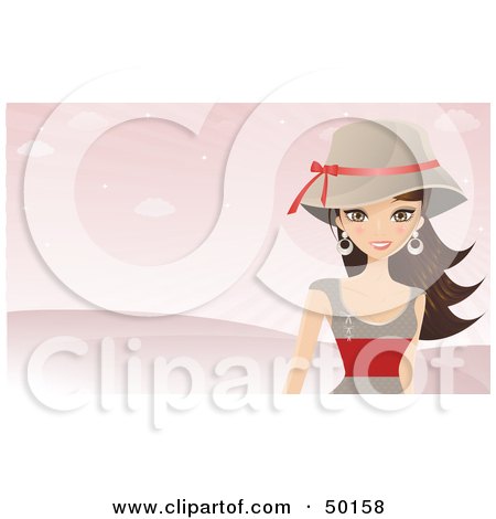 Royalty-Free (RF) Clipart Illustration of a Brunette Wearing A Hat And Walking In A Pink Landscape by Melisende Vector