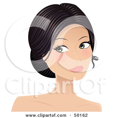 Royalty-Free (RF) Clipart Illustration of a Beautiful Woman With Dark Hair And Green Eyes, Wearing Her Hair In A Bun And Looking Back by Melisende Vector