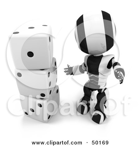 Royalty-Free (RF) Clipart Illustration of a 3d Black And White Ao-Maru Robot With A Stack Of Dice by Leo Blanchette