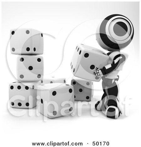 Royalty-Free (RF) Clipart Illustration of a 3d Black And White Ao-Maru Robot Stacking Dice by Leo Blanchette
