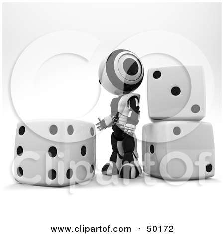 Royalty-Free (RF) Clipart Illustration of a 3d Black And White Ao-Maru Robot Standing With Giant Dice by Leo Blanchette