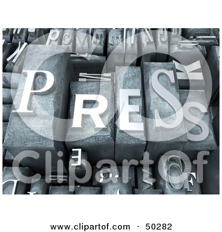 Royalty-Free (RF) 3D Clipart Illustration of a Background of Silver Typesetting pesetting Blocks With PRESS on Top by Frank Boston