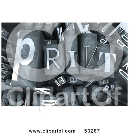 Royalty-Free (RF) 3D Clipart Illustration of a Background of Silver Typesetting Blocks With PRINT on Top by Frank Boston