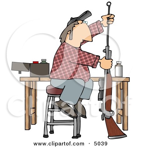 Man Cleaning Inside the Barrel of His Unloaded Rifle Gun Clipart by djart