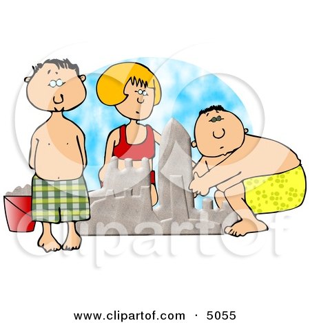 Boys and Girl Building a Sand Castle at the Beach - Summer Posters, Art Prints