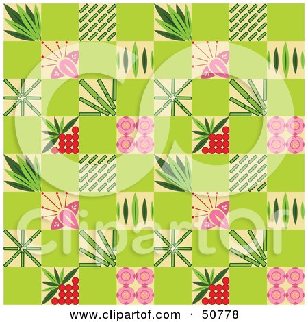 Royalty-Free (RF) Clipart Illustration of a Green Background Pattern Of Flowers And Bamboo by Cherie Reve