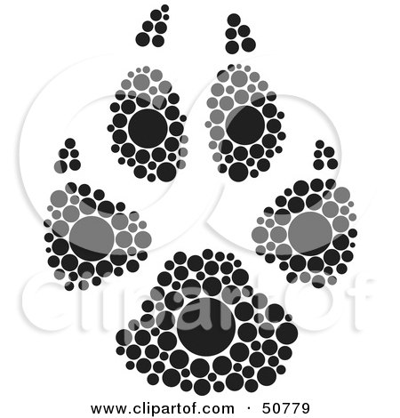 Royalty-Free (RF) Clipart Illustration of a Black And White Inkblot Dog Animal Paw Print by Cherie Reve