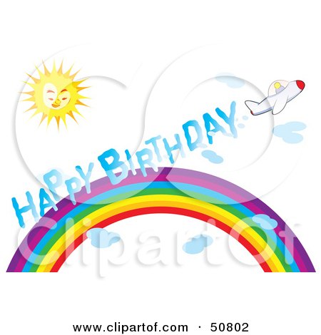 Royalty-Free (RF) Clipart Illustration of a Plane Leaving A Happy Birthday Smoke Trail Over A Rainbow On A Sunny Day by Cherie Reve