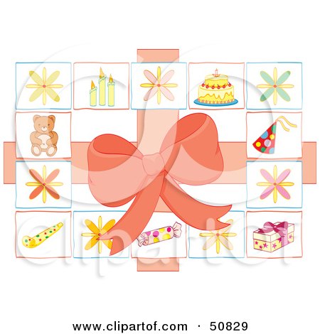 Royalty-Free (RF) Clipart Illustration of a Birthday Wrapping Paper Background With A Pink Bow by Cherie Reve