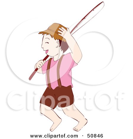Royalty-Free (RF) Clipart Illustration of a Barefoot Boy Carrying A Fishing Pole by Cherie Reve