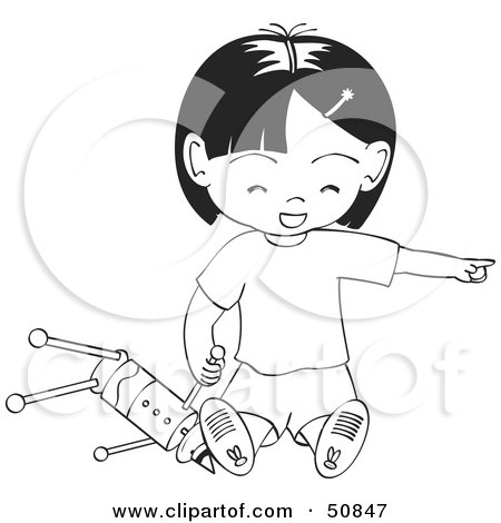 Royalty-Free (RF) Clipart Illustration of a Black And White Girl Playing With A Toy, Pointing And Laughing by Cherie Reve