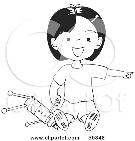 Royalty-Free (RF) Clipart Illustration of a Friendly Black And White Girl Pointing A nd Playing With A Toy by Cherie Reve