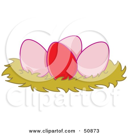 Royalty-Free (RF) Clipart Illustration of a Red Egg In A Nest With Three Pink Eggs by Cherie Reve