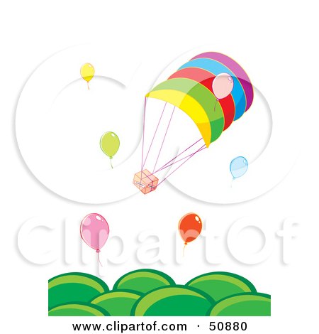 Royalty-Free (RF) Clipart Illustration of Balloons Delivering Parcels Over Green Hills by Cherie Reve