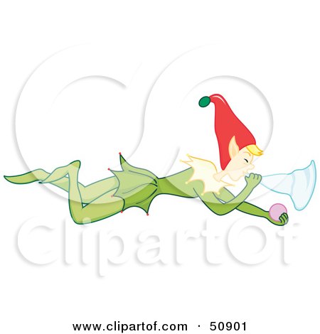 Royalty-Free (RF) Clipart Illustration of a Little Elf Laying On His Belly And Blowing A Horn by Cherie Reve