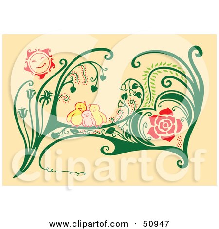 Royalty-Free (RF) Clipart Illustration of a Family Of Birds Cuddling In Plants by Cherie Reve