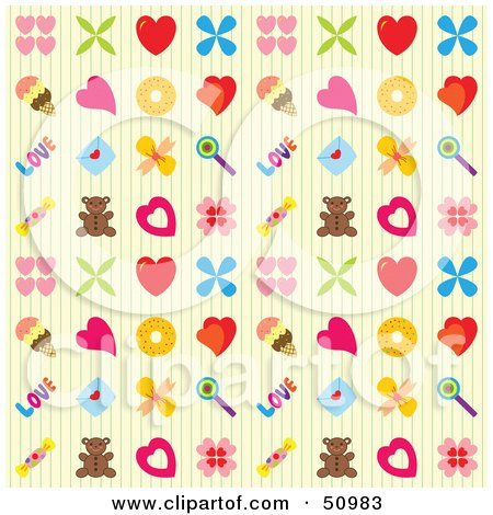 Royalty-Free (RF) Clipart Illustration of a Background Pattern Of Hearts, Ice Cream, Teddy Bears And Other Items by Cherie Reve