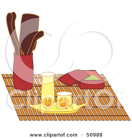 Royalty-Free (RF) Clipart Illustration of Tea Cups on a Bamboo Place Mat by Cherie Reve