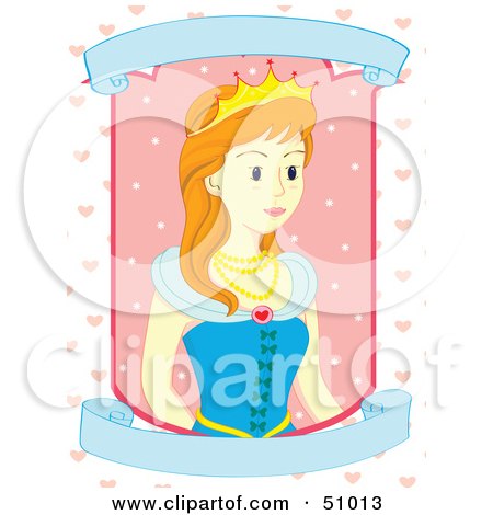Royalty-Free (RF) Clipart Illustration of a Pretty Fairy Tale Princess In A Window, With Blank Scrolls And Hearts by Cherie Reve