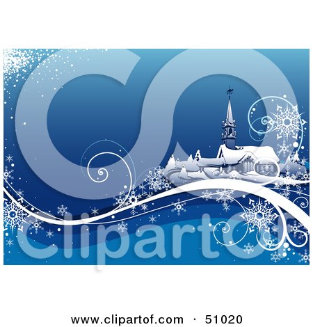 Royalty-Free (RF) Clipart Illustration of a Blue Church Christmas Background - Version 1 by dero