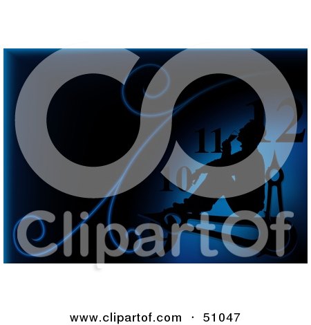 Royalty-Free (RF) Clipart Illustration of a Silhouetted Person On A Clock Arm On Blue by dero