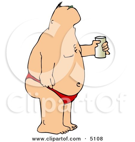 Humorous Fat Man Wearing a Speedo at the Beach and Drinking a Beer Clipart by djart