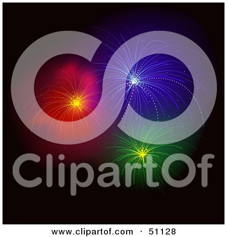 Royalty-Free (RF) Clipart Illustration of Three Exploding Fireworks in the Night Sky by dero
