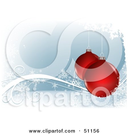 Clipart Illustration of a Blue Background With Snowflakes And Red Baubles by dero