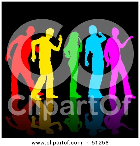 Royalty-Free (RF) Clipart Illustration of a Rainbow Colored Group of Dancers on Black by dero