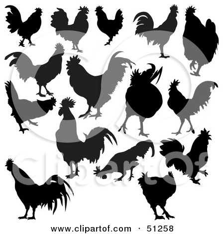 Royalty-Free (RF) Clipart Illustration of a Digital Collage of Rooster Silhouettes by dero