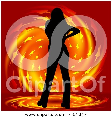 Royalty-Free (RF) Clipart Illustration of a Silhouetted Woman On A Star Fire Twirl Background by dero